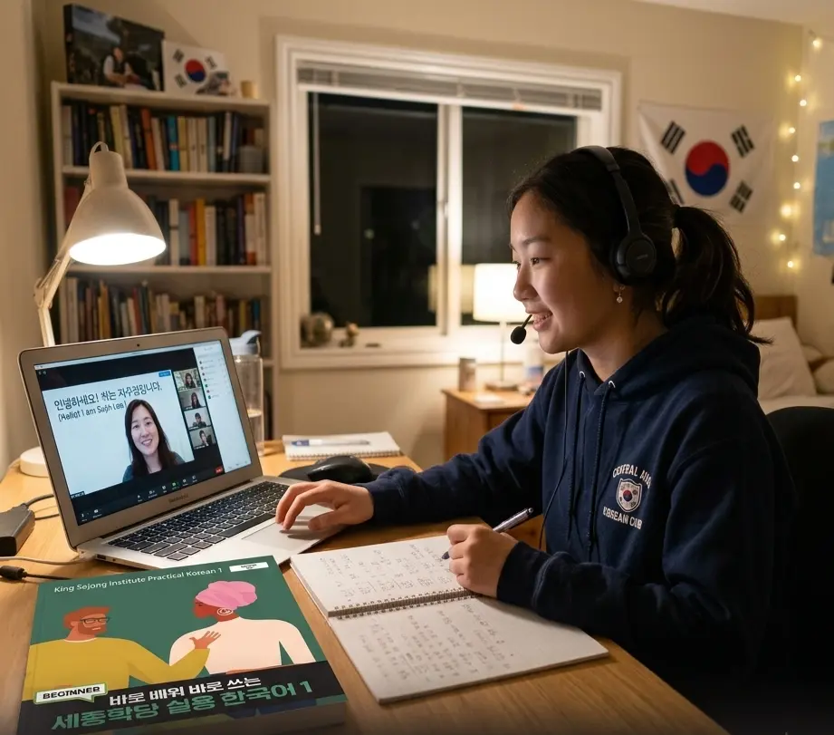A live online Korean class in session on Zoom with the Korean American Center